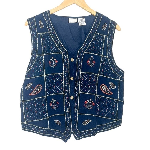 Bobbie Brooks Jackets & Blazers - Vintage Bobbie Brooks Corduroy Paisley flower checkered navy vest Large
